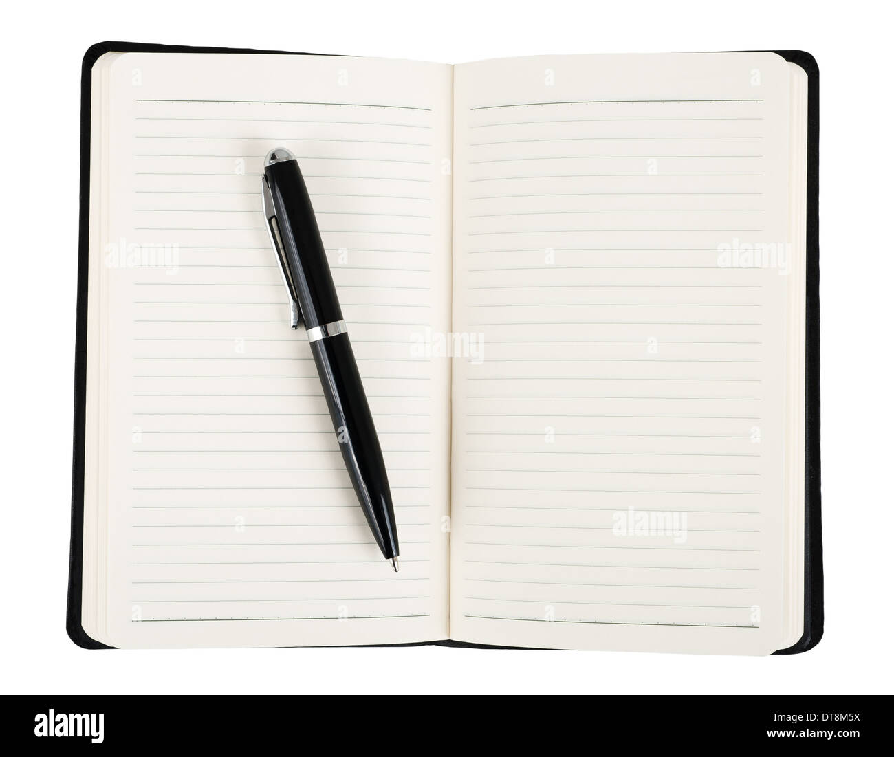 Notebook con penna isolato su bianco Foto Stock