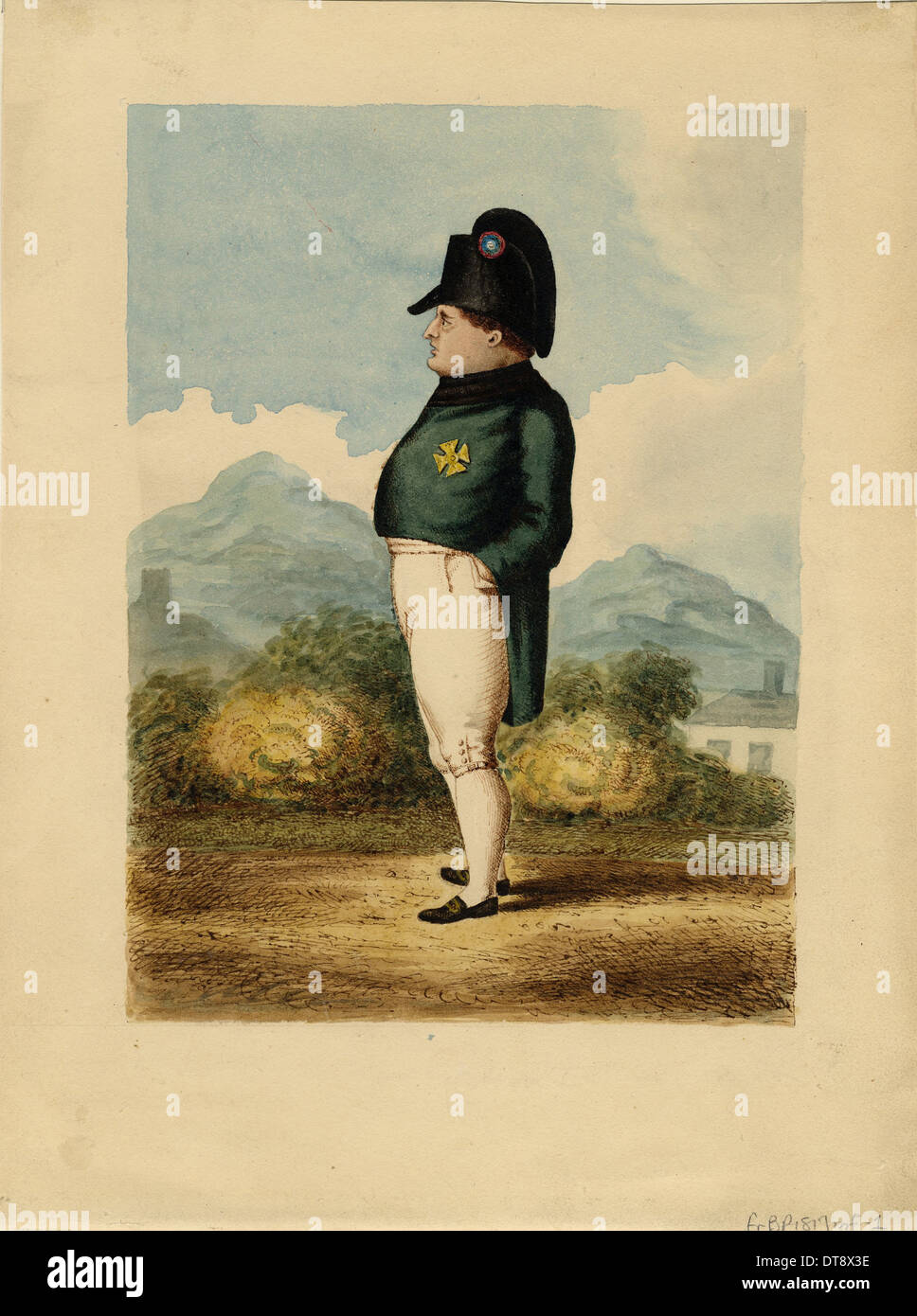 Napoleone Bonaparte sull isola di Sant'Elena, 1817. Artista: Sconosciuto ufficiale d'artiglieria Foto Stock