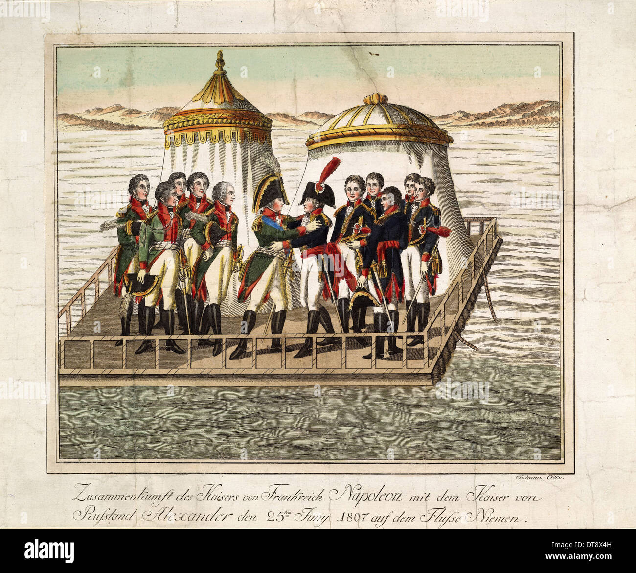 Riunione di imperatori Alessandro I di Russia e Napoleone I di Francia al Neman vicino a Tilsit, 1807. Artista: Anonimo Foto Stock