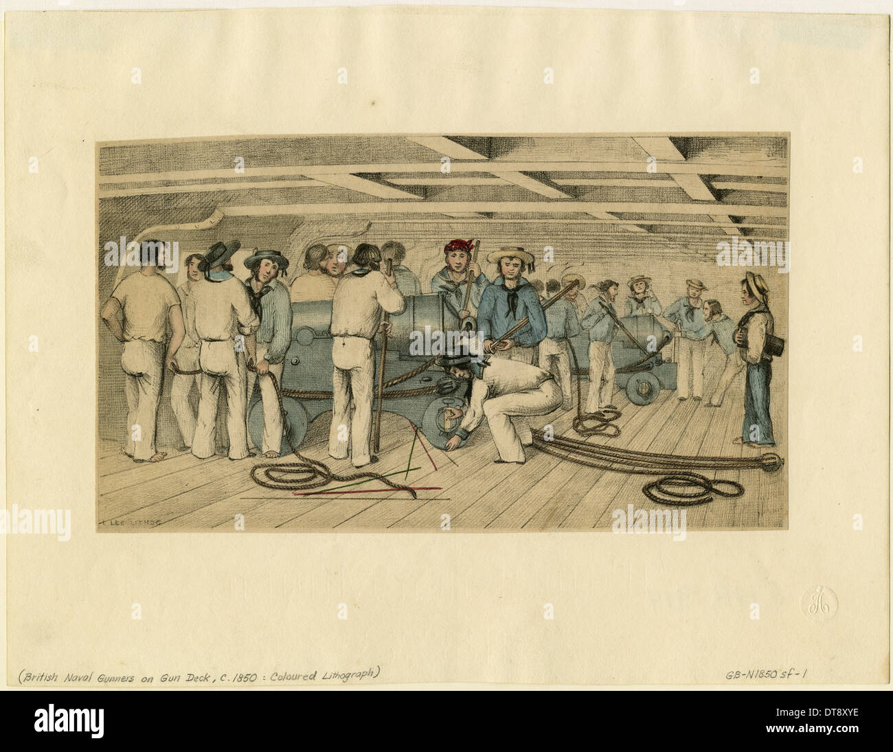 British naval gunners sul ponte di pistola, c. 1850. Artista: Anonimo Foto Stock