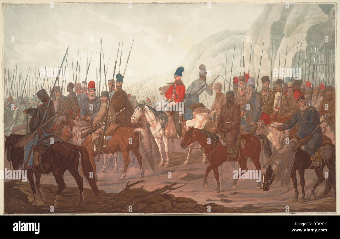 Marzo dei Cosacchi degli Urali attraverso la Boemia nel luglio 1799, 1800. Artista: Hess, Carl Adolph Heinrich (1769-1849) Foto Stock