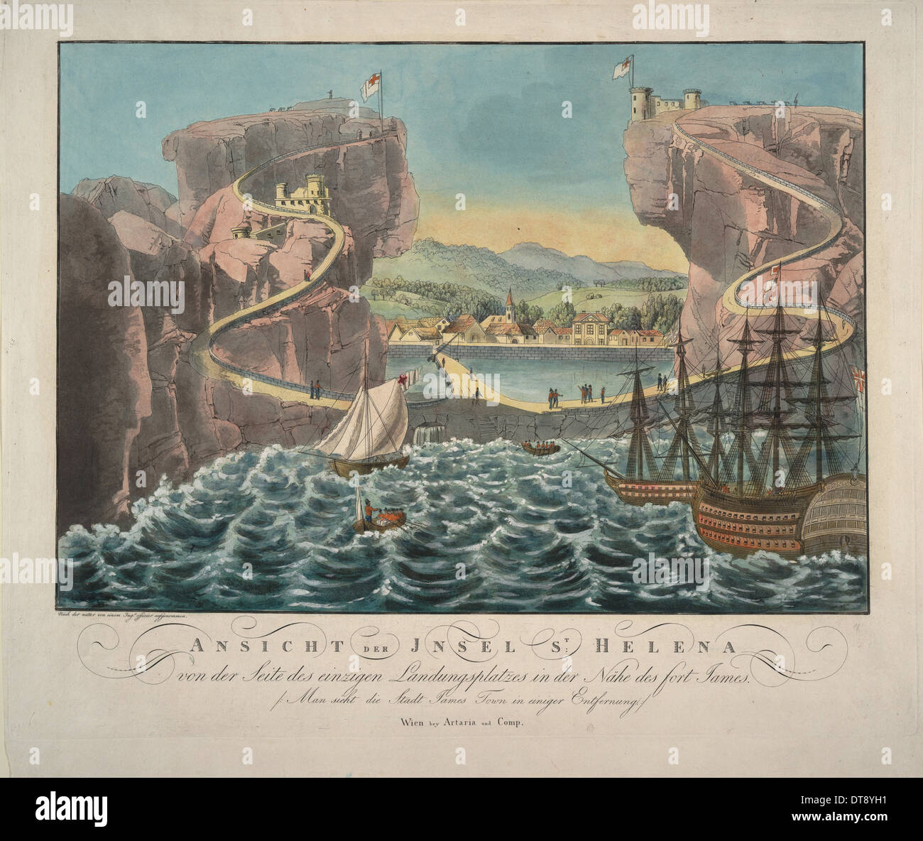 Vista dell'isola di Sant'Elena dal lato del punto di approdo vicino al Fort James, 1815. Artista: Anonimo Foto Stock