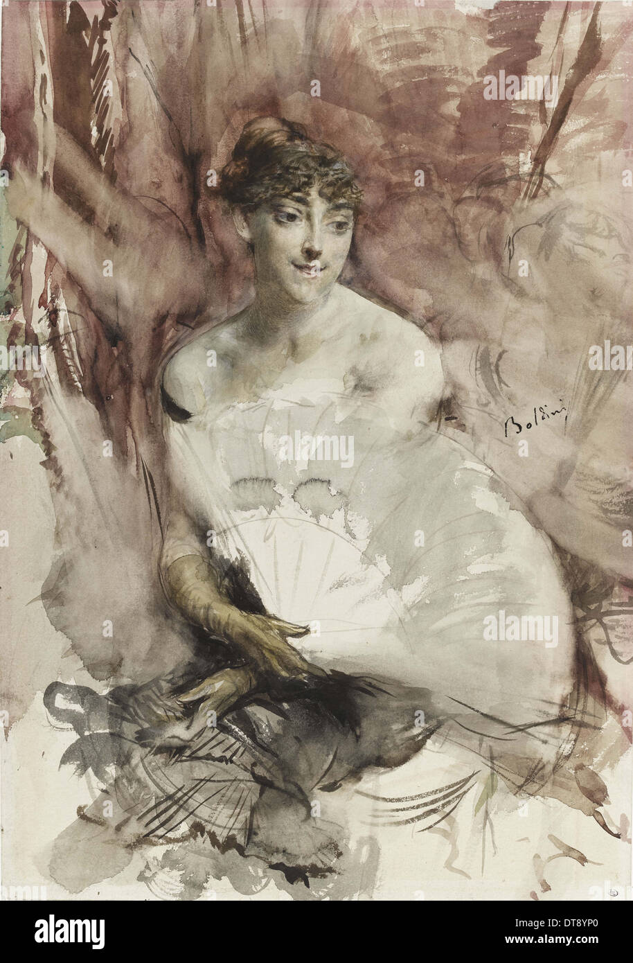 Donna con ventilatore inserito in un teatro box (Contessa di Rasti), ca 1878. Artista: Boldini, Giovanni (1842-1931) Foto Stock