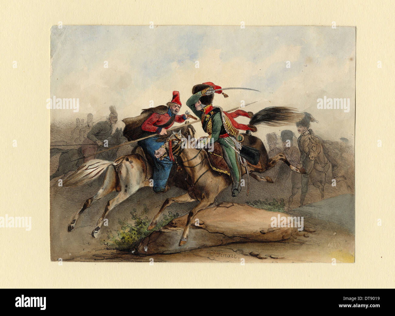 Cavallo francese Chasseurs della Guardia Imperiale in lotta con i cosacchi russi, c. 1830. Artista: Finert (Finart), Noël Dieudonné (1797-1852) Foto Stock