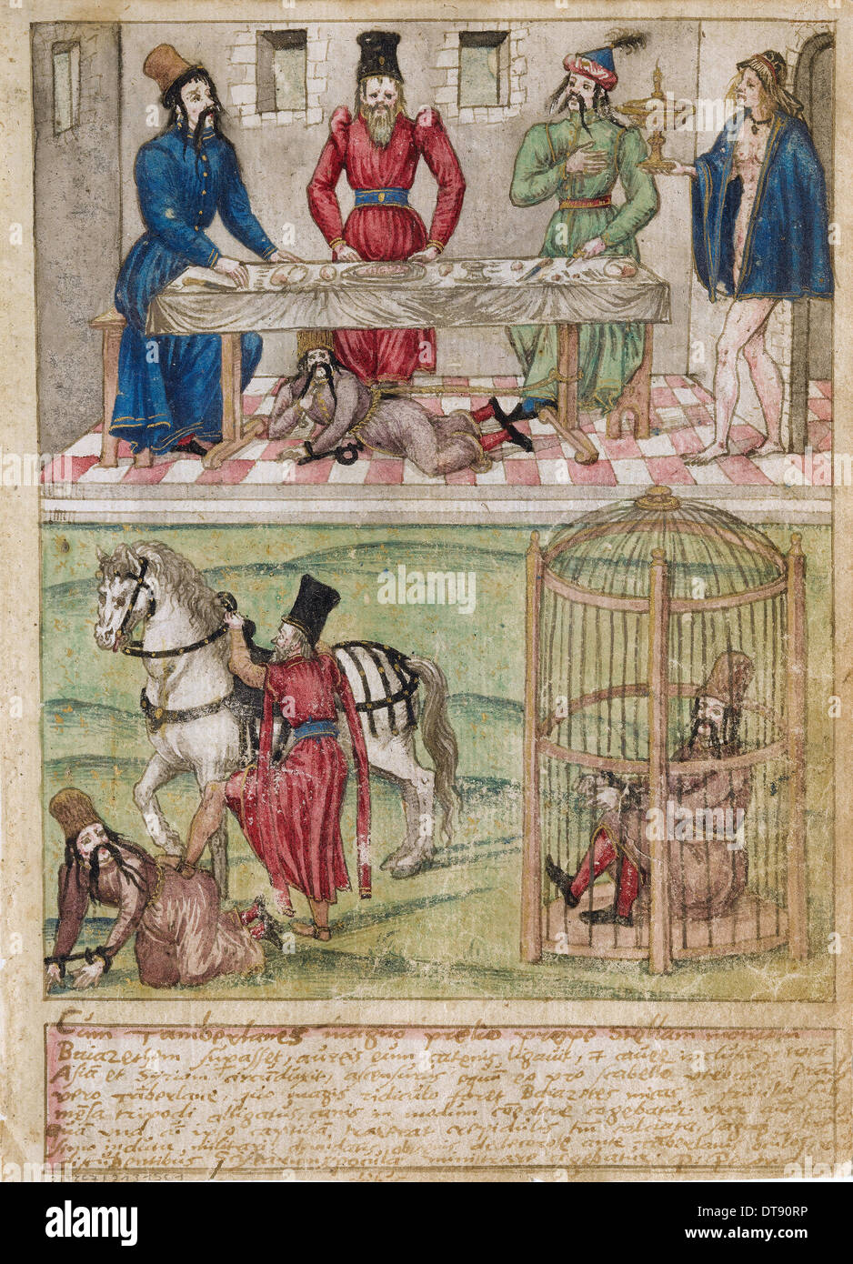 Bayezid I prisoned da Timur, prima del 1561. Artista: Sud maestro tedesco (XVI secolo). Foto Stock