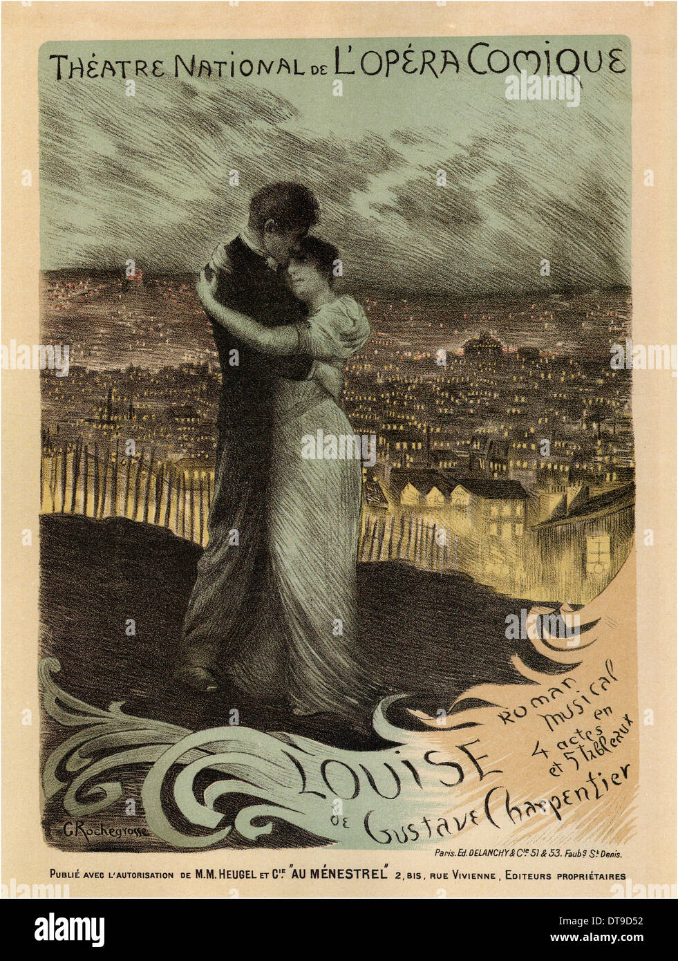 Poster per l'Oper Louise di Gustave Charpentier, 1900. Artista: Rochegrosse, Georges Antoine (1859-1938) Foto Stock