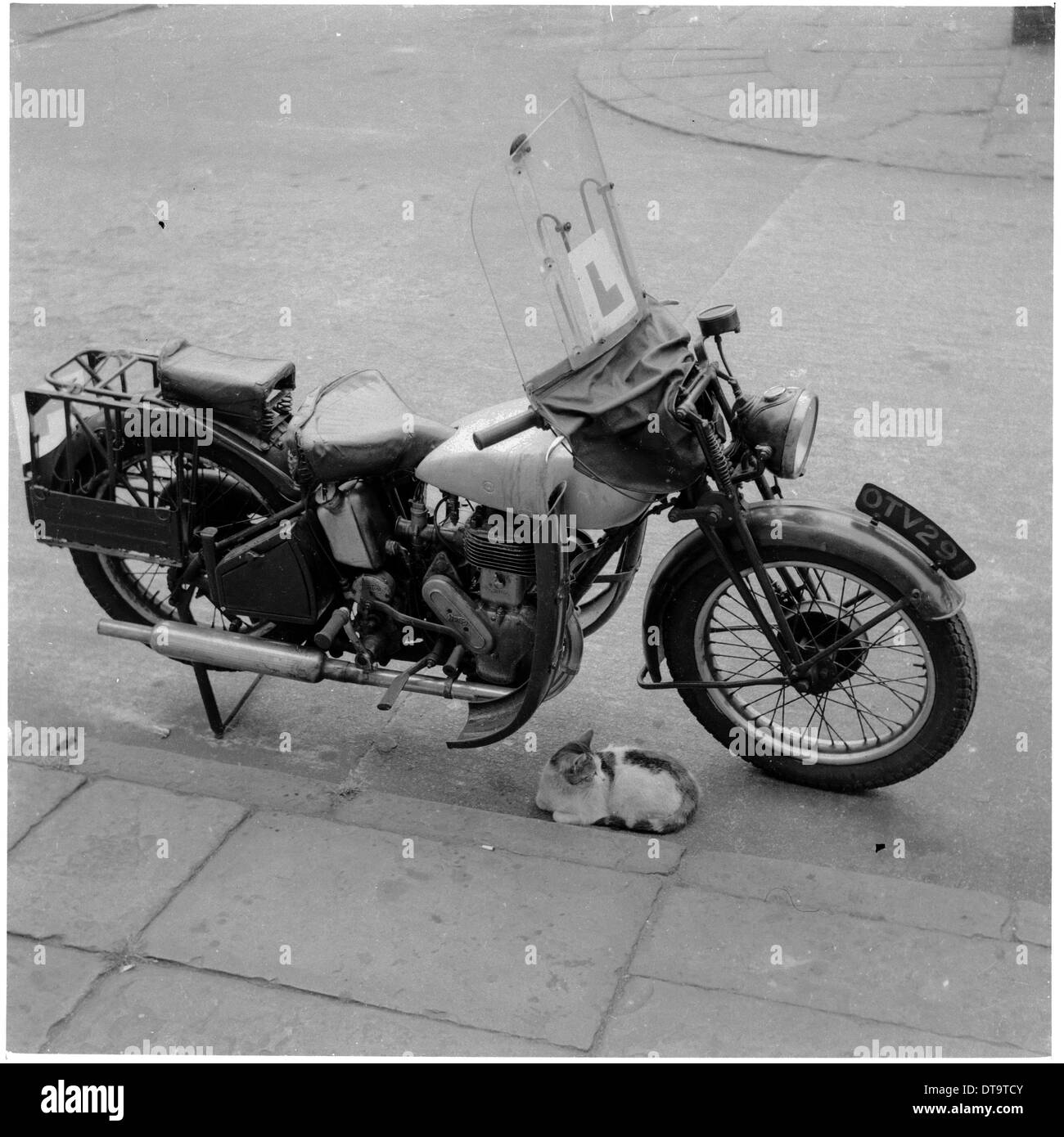 Foto storiche da anni cinquanta che mostra una moto parcheggiata da un marciapiede con un piccolo gatto al di sotto di esso. Foto Stock