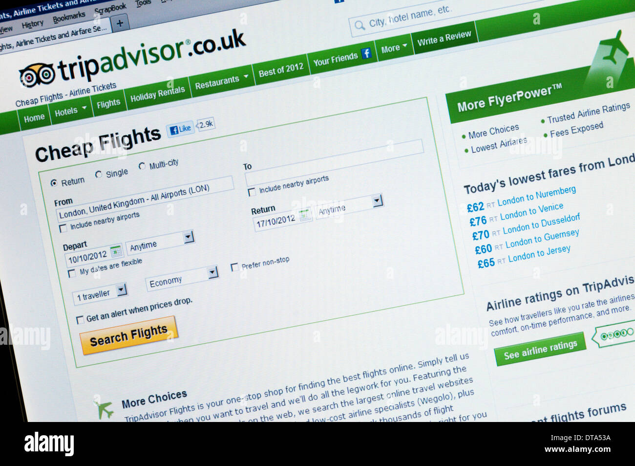 Il sito inglese dei consigli di viaggio sito tripadvisor, offrendo voli economici da Londra. Foto Stock