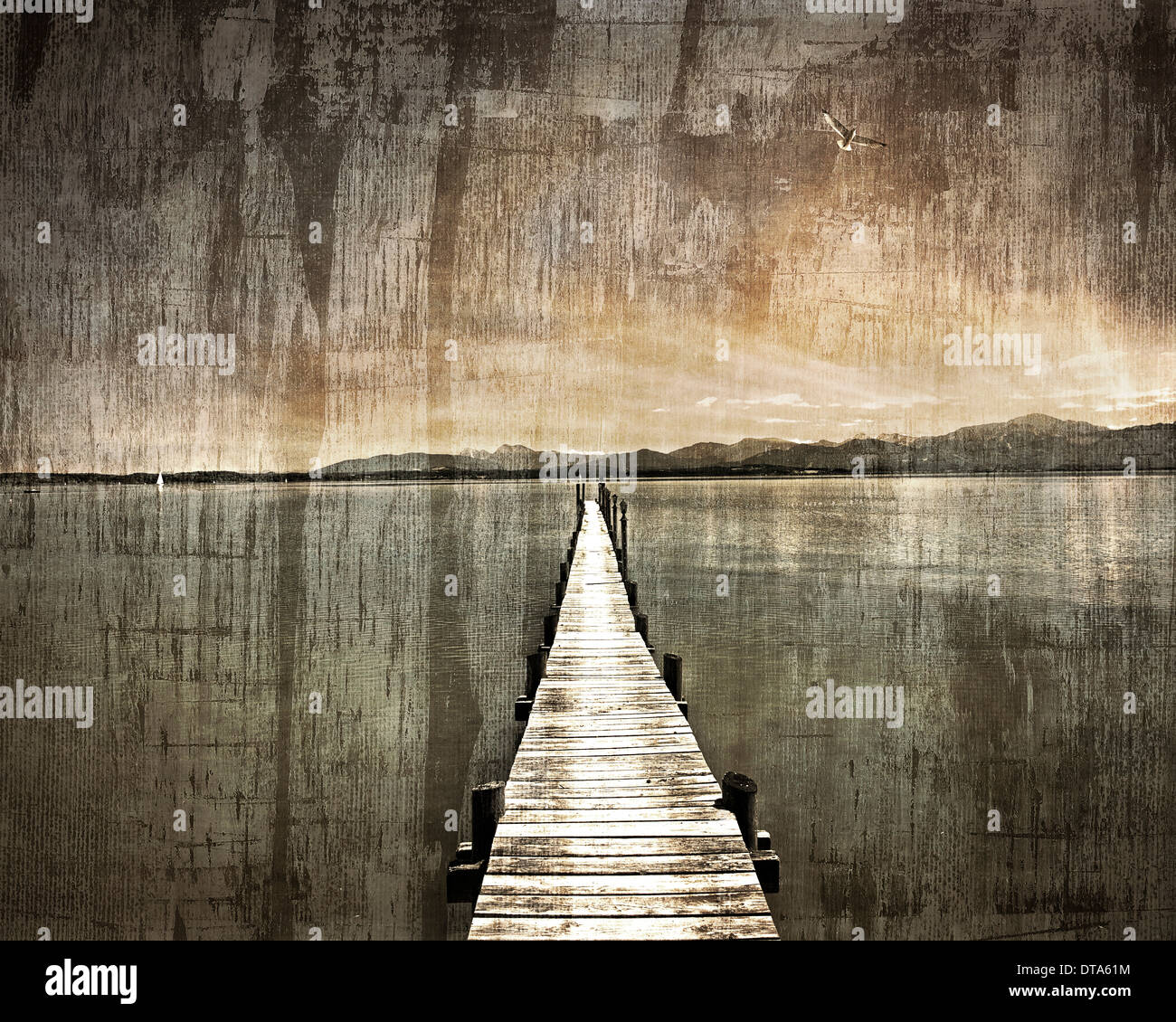 Arte digitale: il lago di Chiemsee con Alpi Bavaresi in background, Germania. Foto Stock