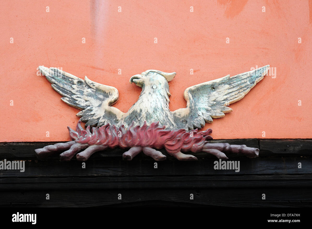 Segno di Phoenix su un edificio a Lavenham, Suffolk. Foto Stock