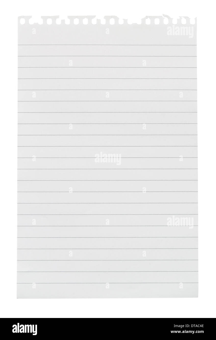 Il foglio rivestito di nota carta strappata da un appunti isolati contro uno sfondo bianco Foto Stock
