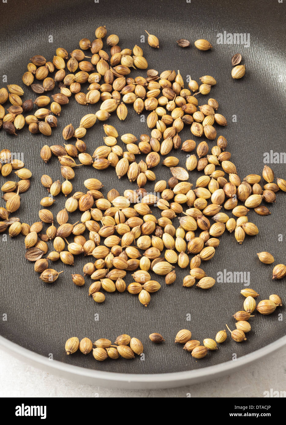 Semi di coriandolo arrostito in padella piccola Foto Stock