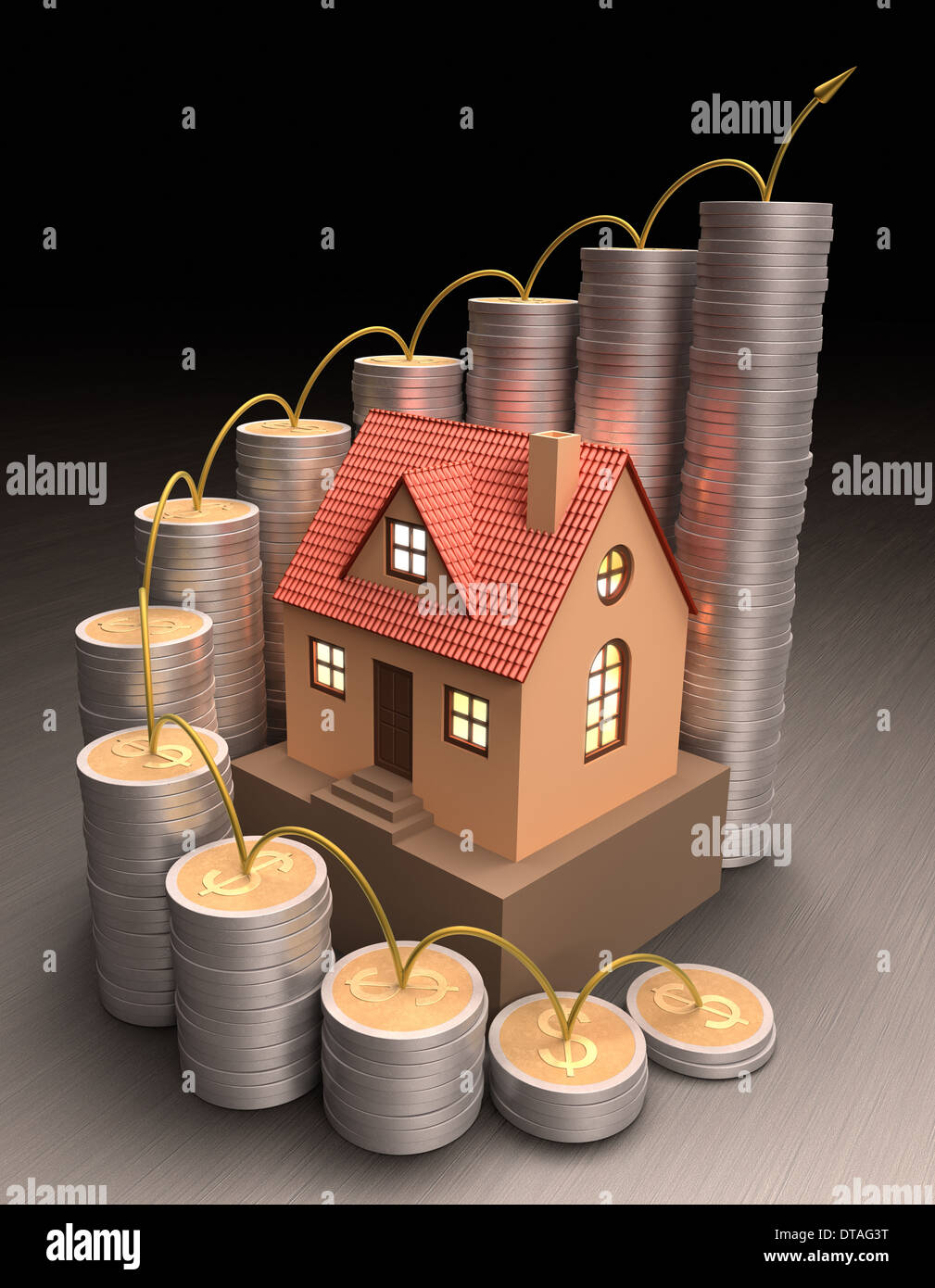 Piccola casa circondata da monete realizzato ​​of oro e argento formando un grafico sul luogo. Foto Stock