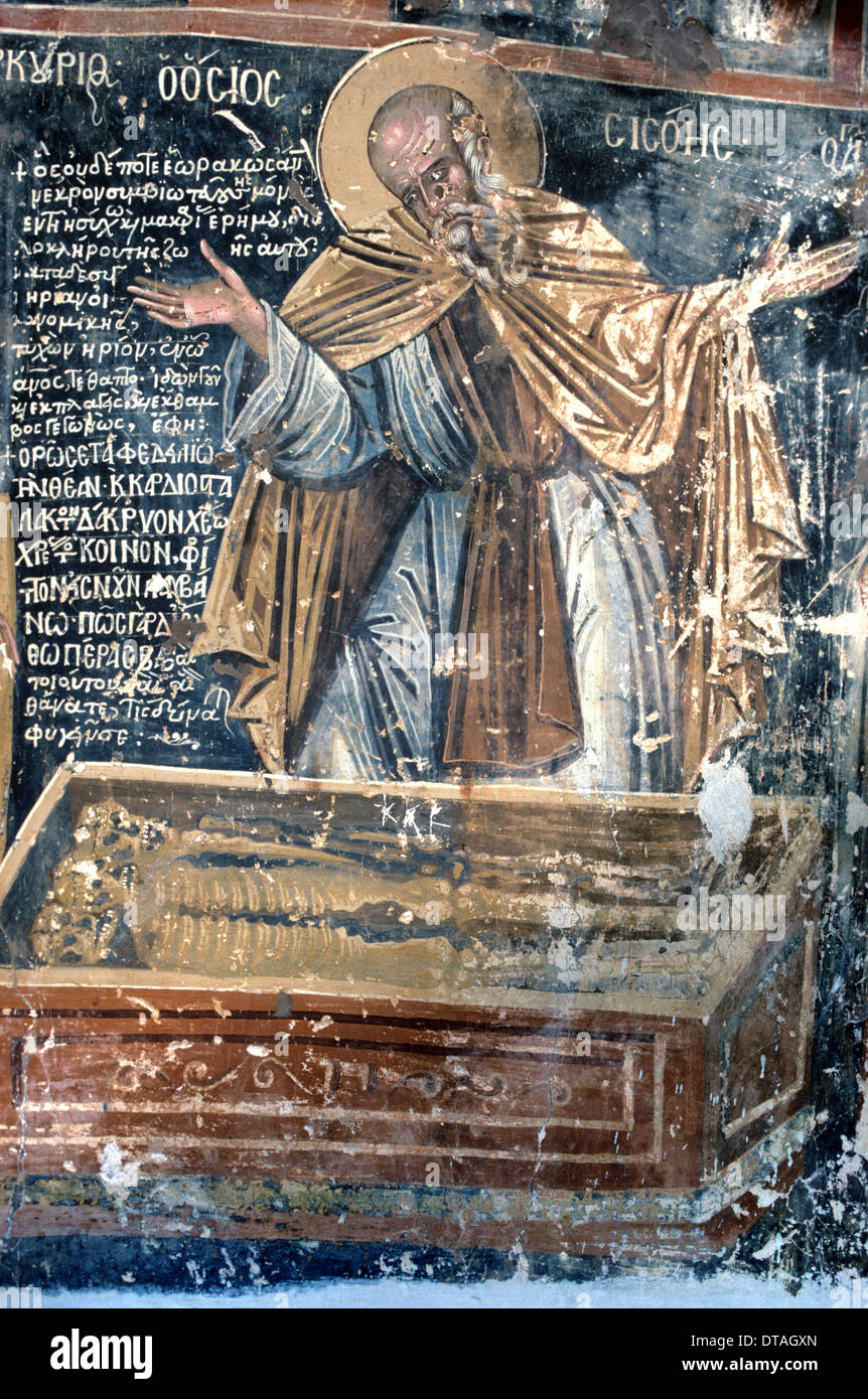 Affresco bizantino di Santa Sisois ad Alessandro il Grande tomba del monastero Mavriotissa Kastoria Macedonia occidentale Grecia Foto Stock