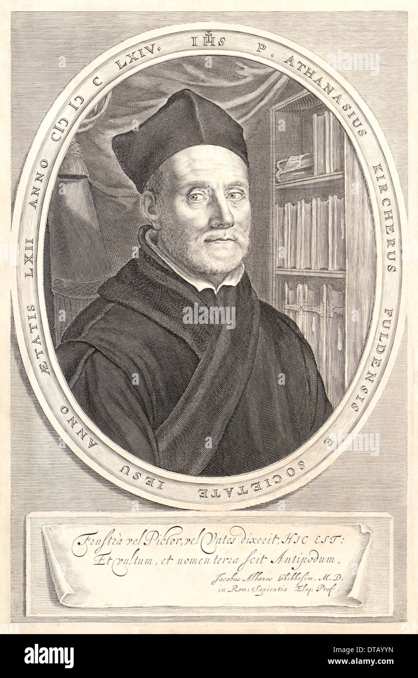 Athanasius Kircher (1602-1680) sacerdote gesuita in tonaca nera e cappello. Illustrazione dal suo libro La Cina illustrata 1667. Foto Stock