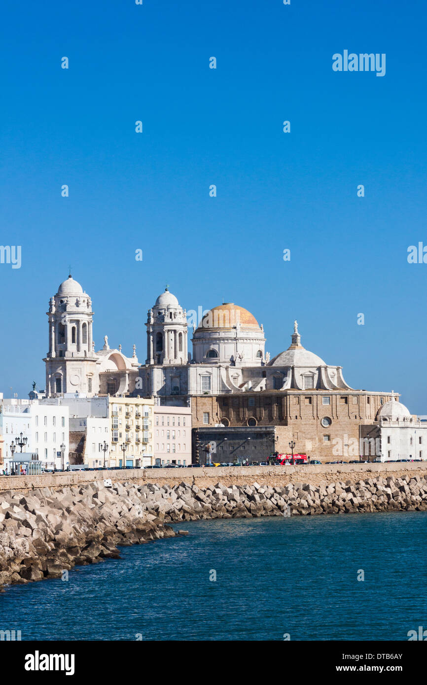 Il lungomare e la cattedrale di Cadice, Andalusia, Spagna Foto Stock