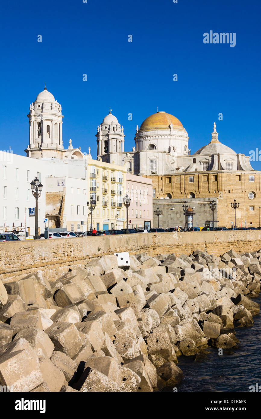 Il lungomare e la cattedrale di Cadice, Andalusia, Spagna Foto Stock