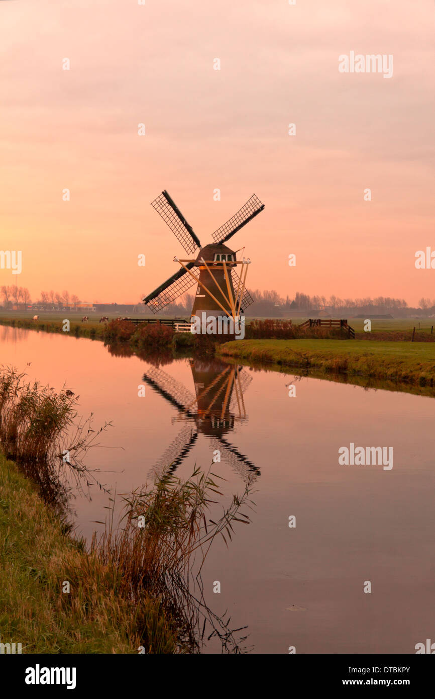 Mulino di drenaggio " speranza eterna molle'' durante un colorato sunrise in Voorhout, South Holland, Paesi Bassi. Foto Stock