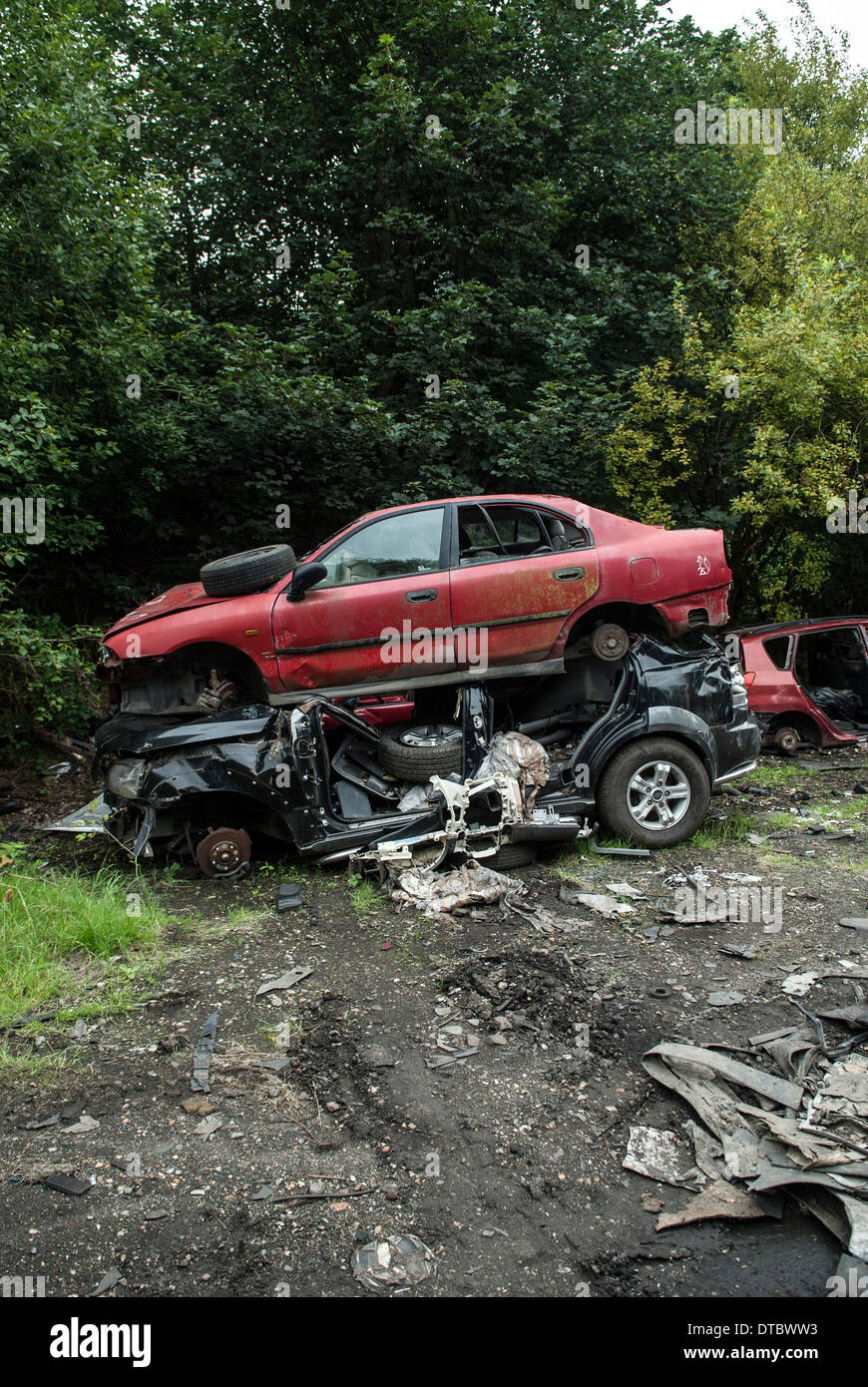 Vetture frantumato in cantiere di scarto REGNO UNITO Foto Stock