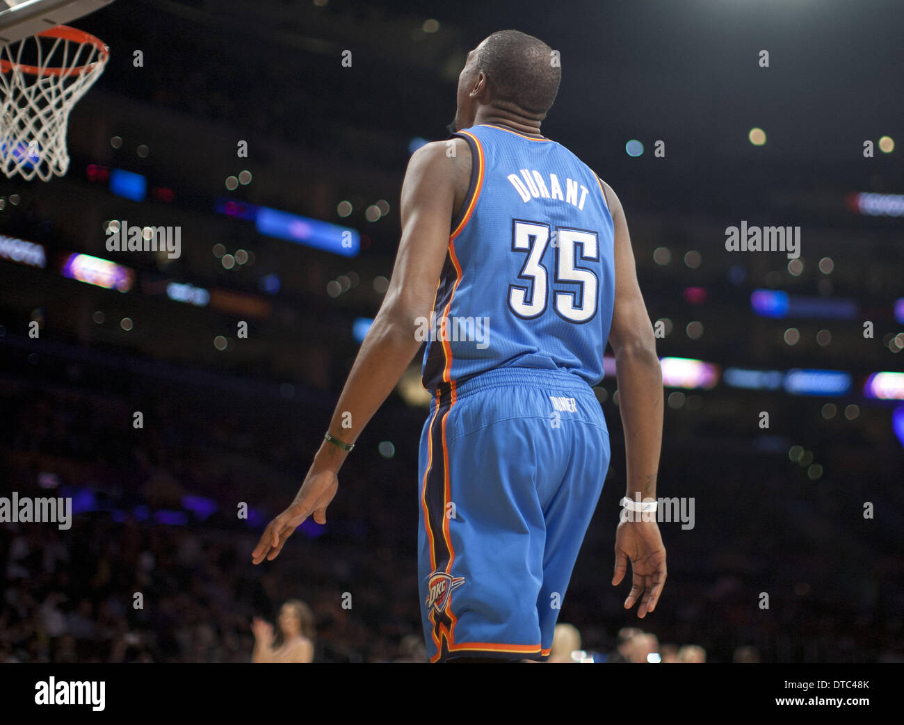 Los Angeles, California, USA. Xiii Febbraio, 2014. Oklahoma City Thunder Kevin Durant reagisce dopo un gioco in durante la seconda metà del gioco contro i Los Angeles Lakers alla Staples Center a Los Angeles, California giovedì 13 febbraio 2014. Oklahoma City Thunder ha vinto il gioco 107 a 103.ARMANDO ARORIZO. Credito: Armando Arorizo/Prensa Internacional/ZUMAPRESS.com/Alamy Live News Foto Stock