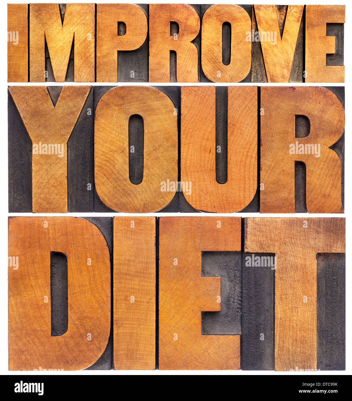 Migliorare la vostra dieta - uno stile di vita sano concetto - testo isolato in rilievografia vintage tipo legno Foto Stock