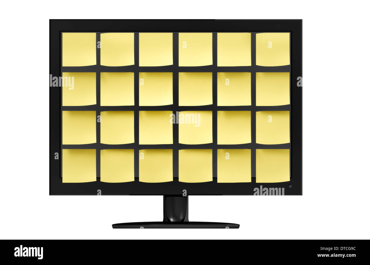 Eleganti e moderne sul monitor di un computer coperto in organizzato note gialla davanti a uno sfondo bianco. Foto Stock