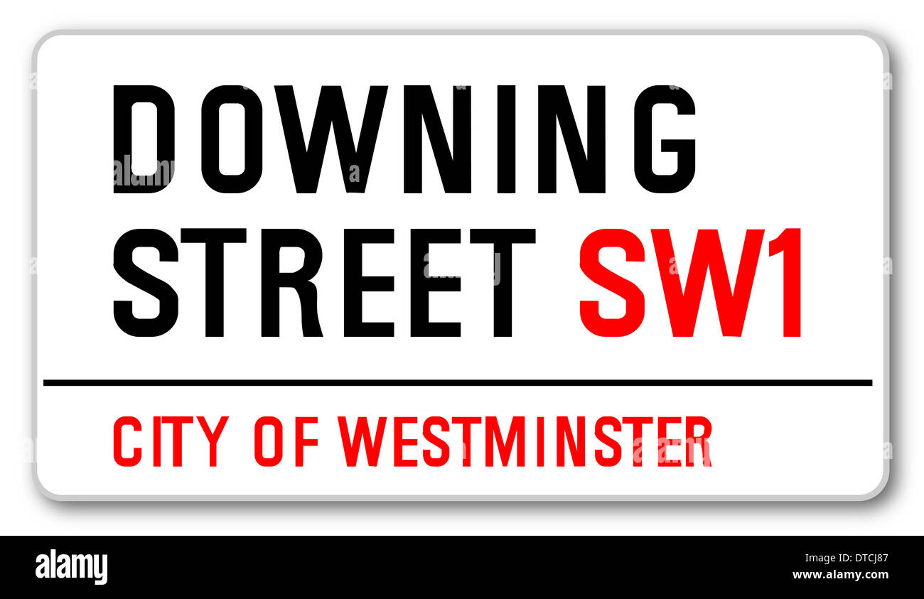 Il nome della strada a segno da Downing Street South West uno... La casa del Primo Ministro britannico. Foto Stock