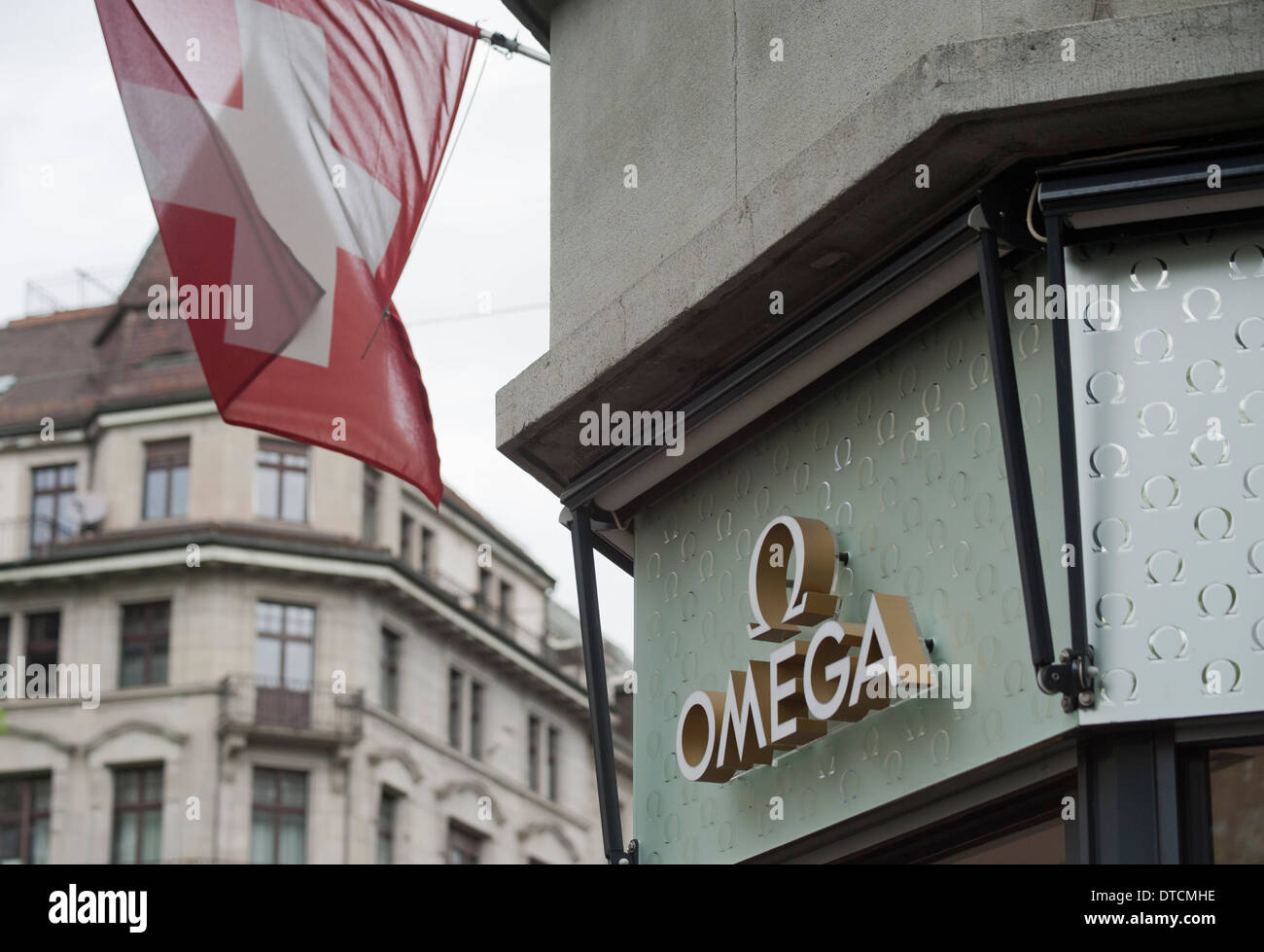 Shop segno di un Swiss luxury watch maker su Zurigo Bahnhofstrasse Foto Stock