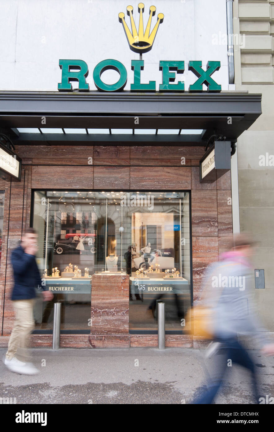 Vetrina di Swiss luxury watch maker Rolex su Zurigo Bahnhofstrasse Foto Stock