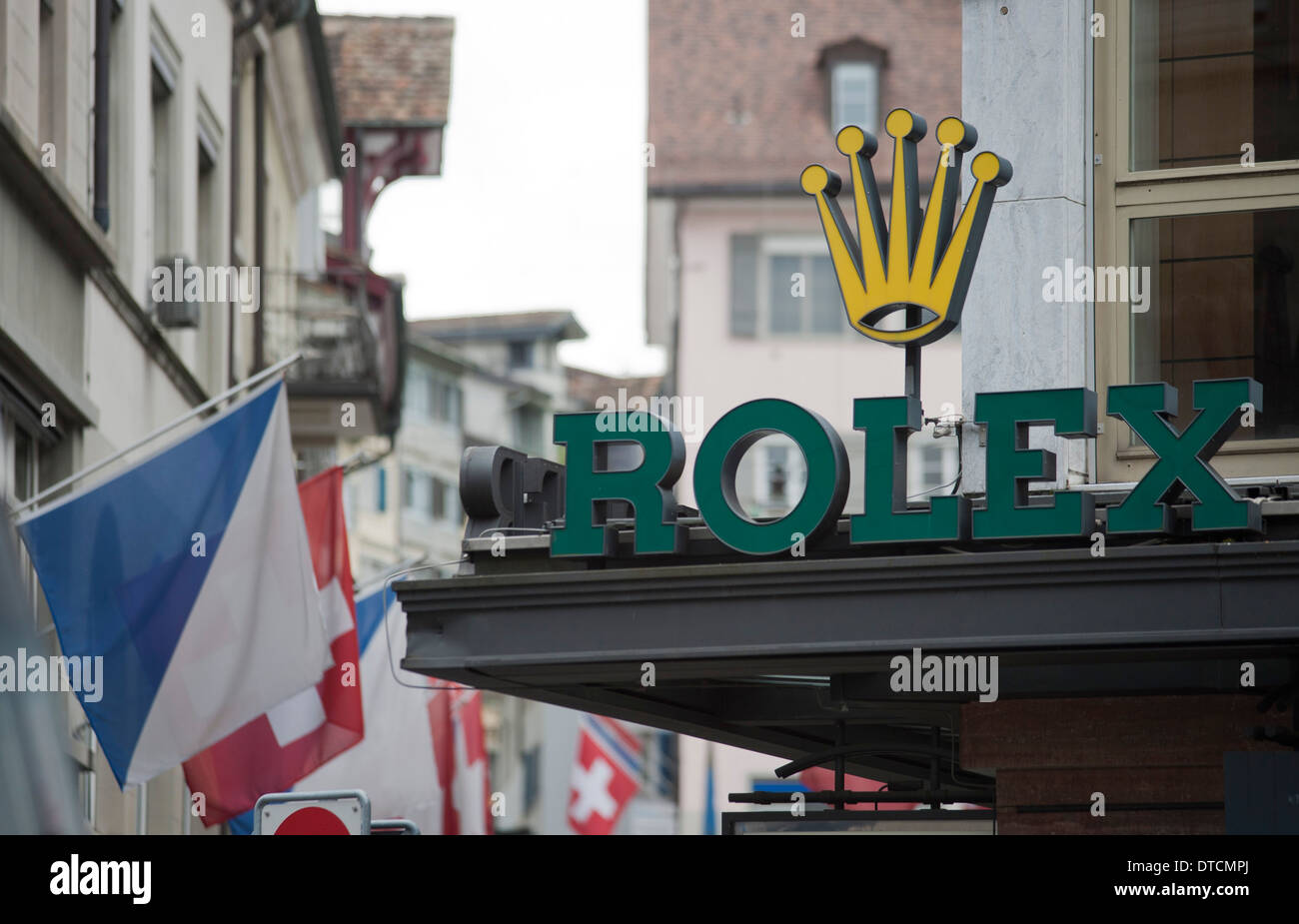 Rolex shop segno di un Swiss luxury watch maker su Zurigo Bahnhofstrasse Foto Stock