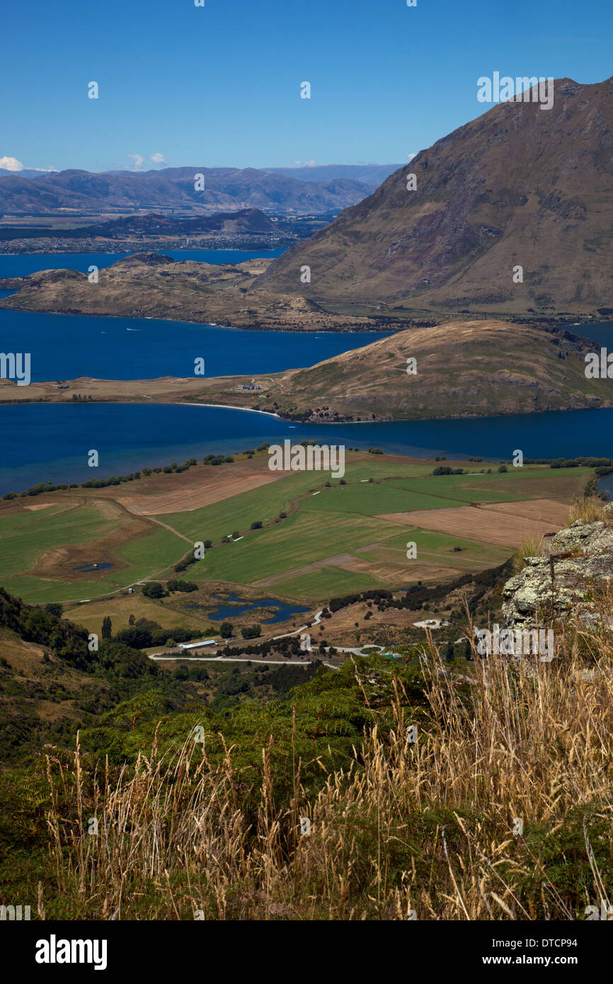 Alta Vista sul lago Wanaka verso Wanaka, Isola del Sud, Nuova Zelanda Foto Stock