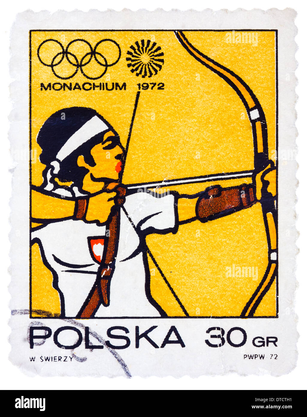 Polonia - circa 1972: un timbro stampato in Polonia mostra bersaglio tiro con l'arco, in occasione dei Giochi Olimpici di Monaco di Baviera, dalla serie, circa 1972 Foto Stock