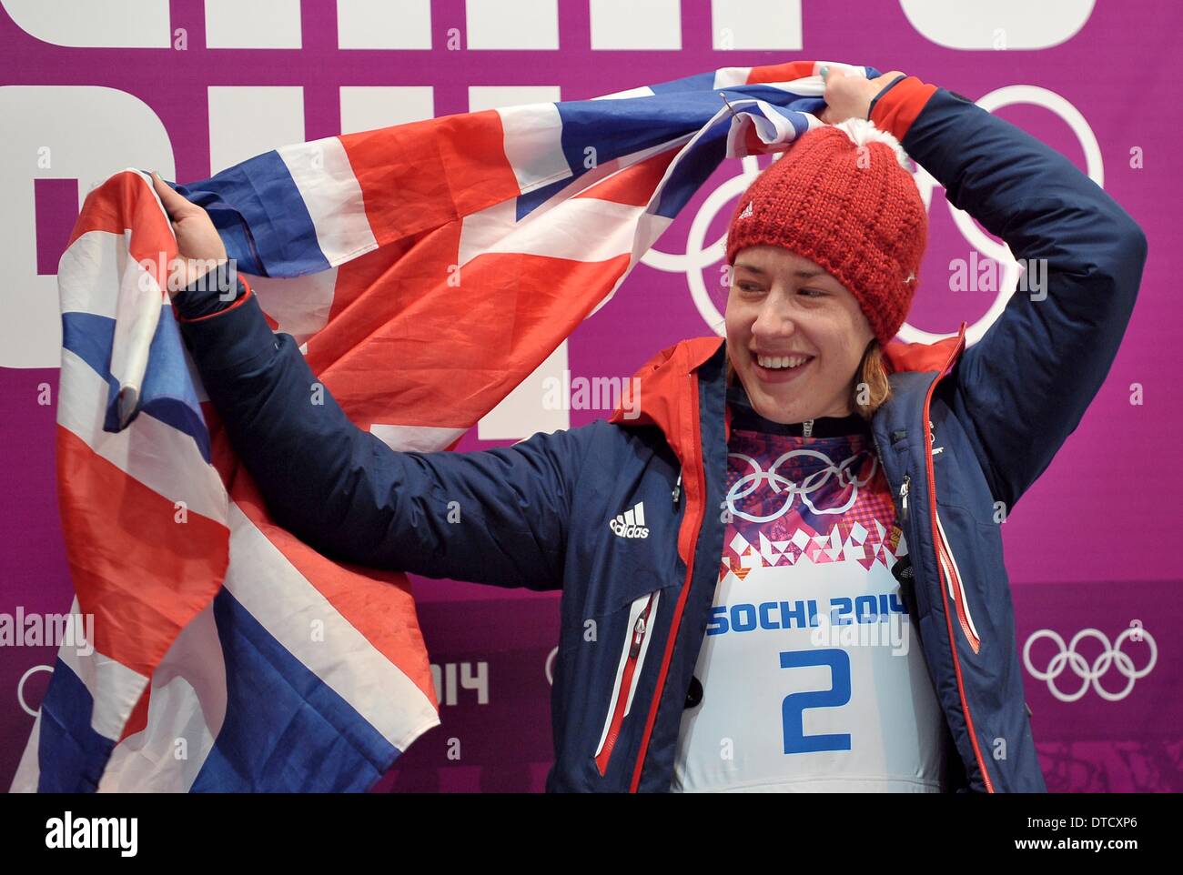 Sochi, Russia. 14 feb 2014. Lizzy Yarnold (GBR) celebra vincere l'oro. Lo scheletro di donna - ultimi due round - riscalda 3 e 4 - Sanki centro di scorrimento - Sochi - Russia - 14/02/2014 Credit: Sport In immagini/Alamy Live News Foto Stock