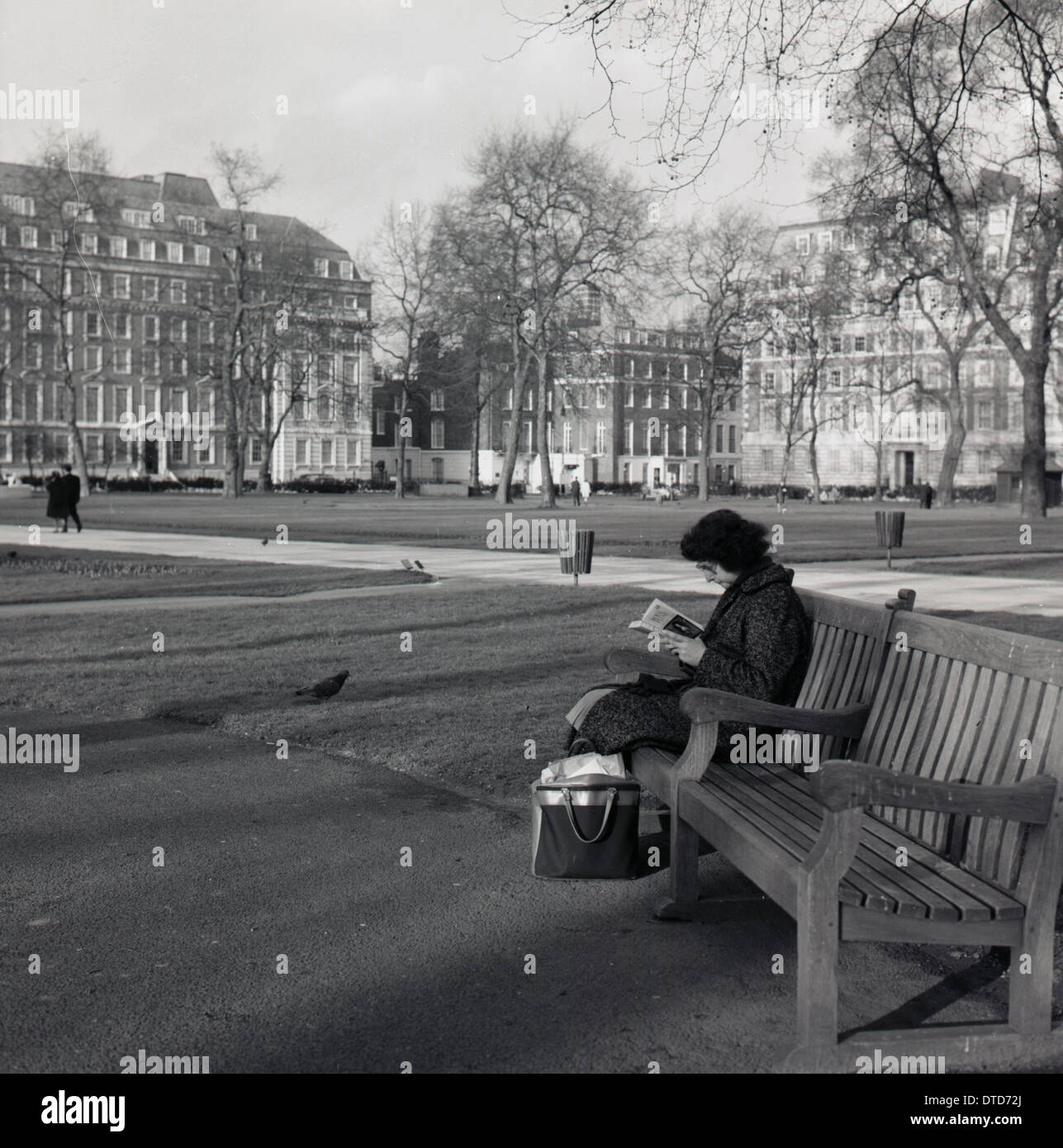 Degli anni Cinquanta, foto storiche di una signora seduta da sola su una tavola di legno una panchina nel parco di Hyde Park di Londra, Inghilterra la lettura di un libro. Foto Stock