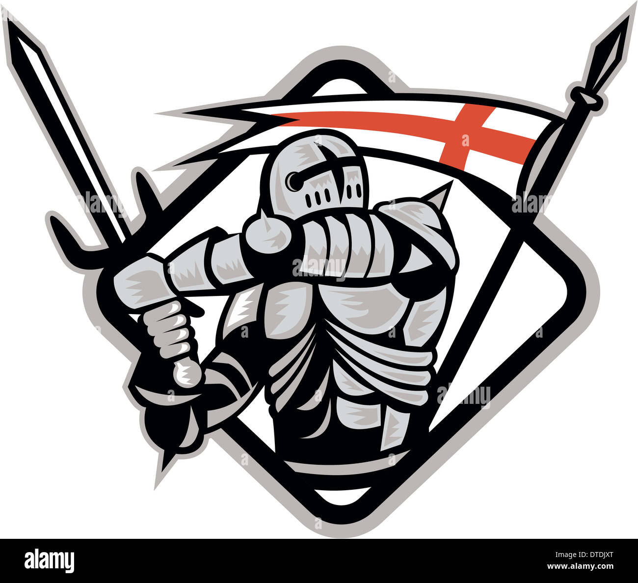 Illustrazione di un inglese un cavaliere in armatura completa la spada con Inghilterra bandiera in background fatto in stile retrò. Foto Stock