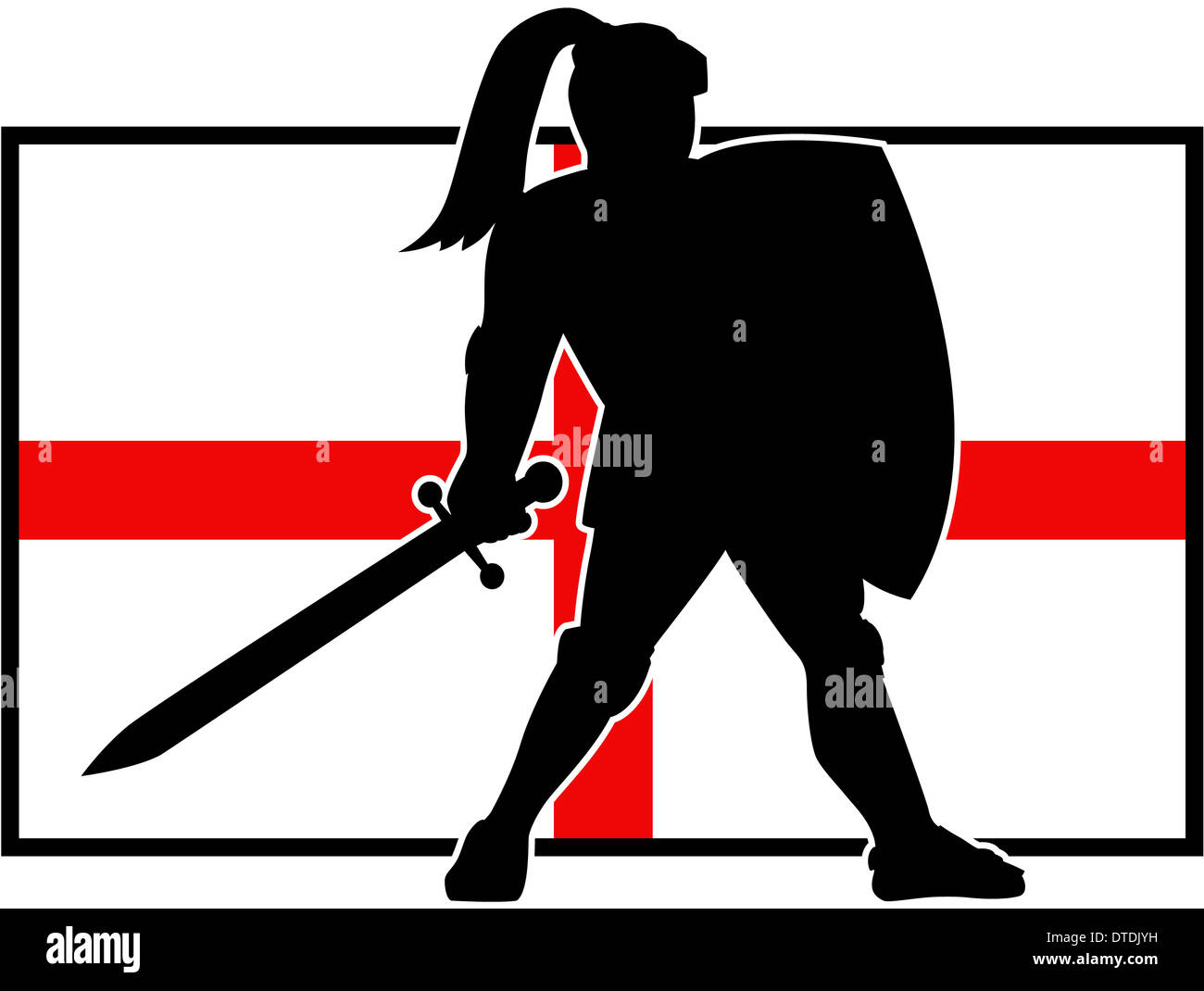 Illustrazione di un inglese un cavaliere in armatura completa la spada con Inghilterra bandiera in background fatto in stile retrò. Foto Stock