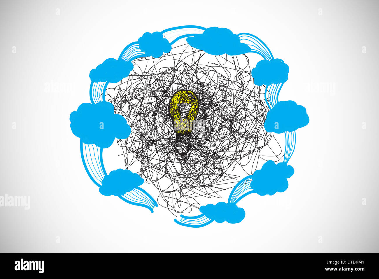 Immagine composita di scribble sulla lampadina con nuvole doodle Foto Stock