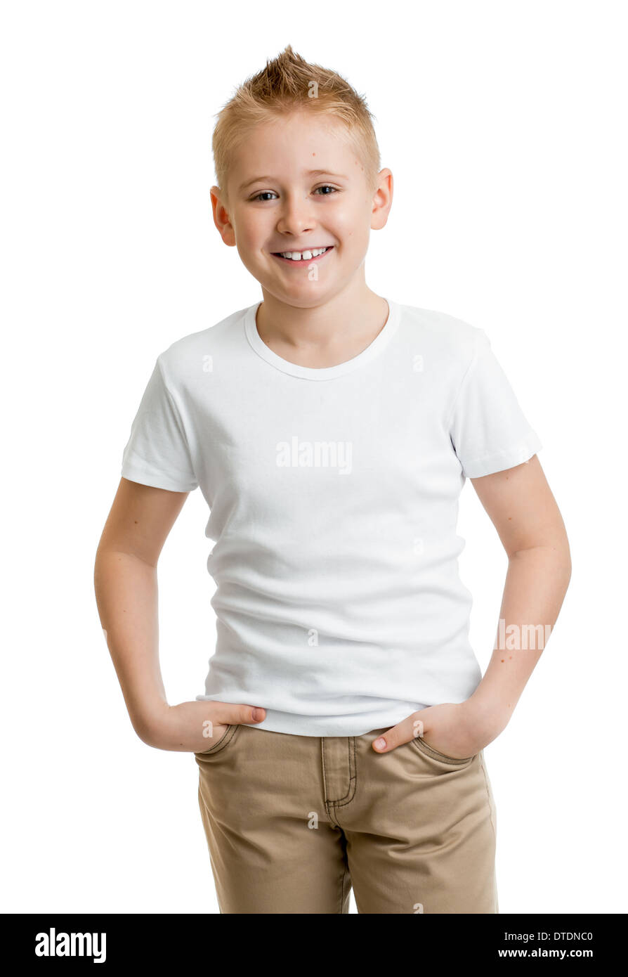 Bel ragazzo di capretto modello in t-shirt bianco o tshirt isolato Foto Stock