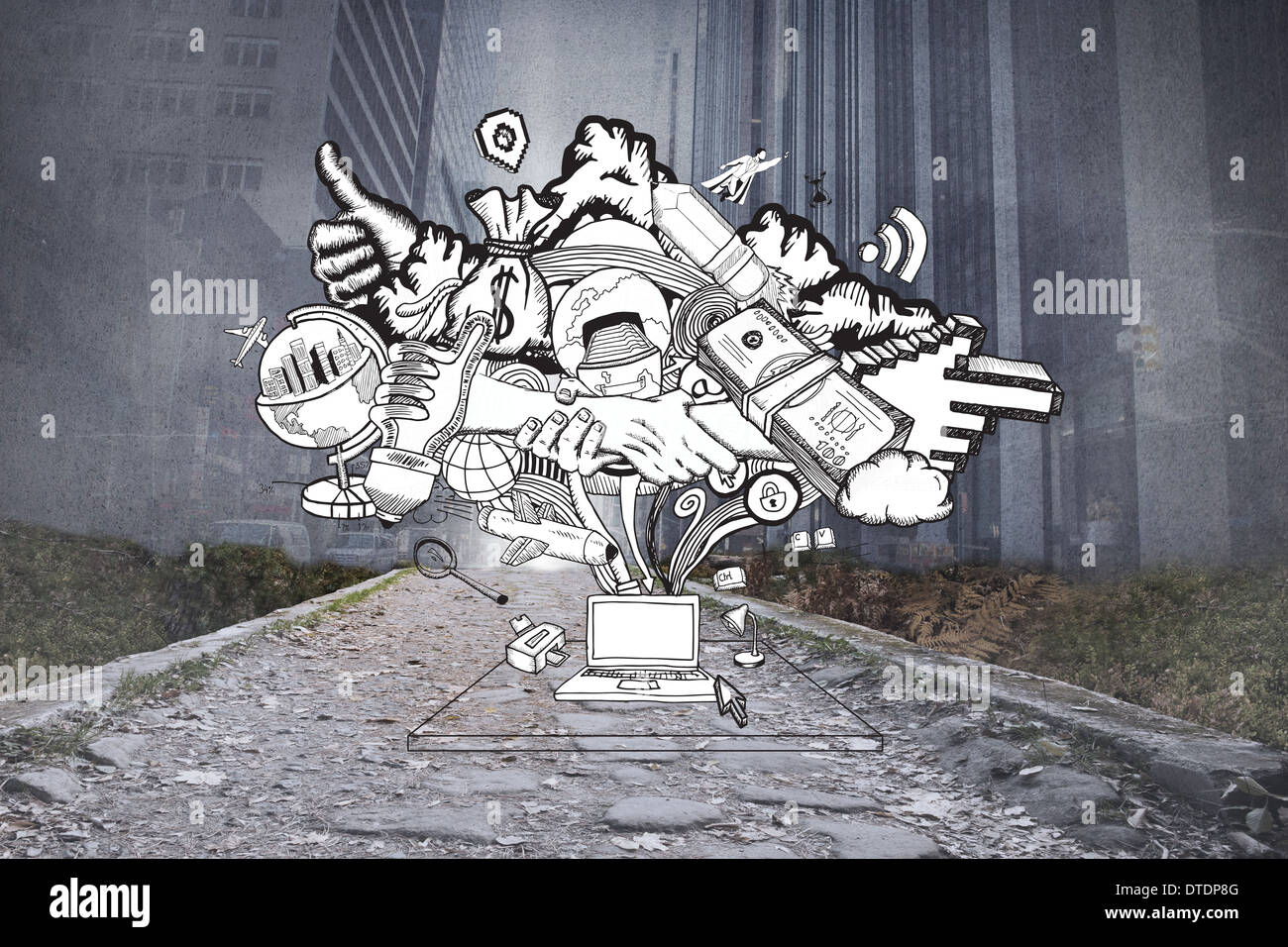 Immagine composita di idee che scorre dal laptop doodle Foto Stock