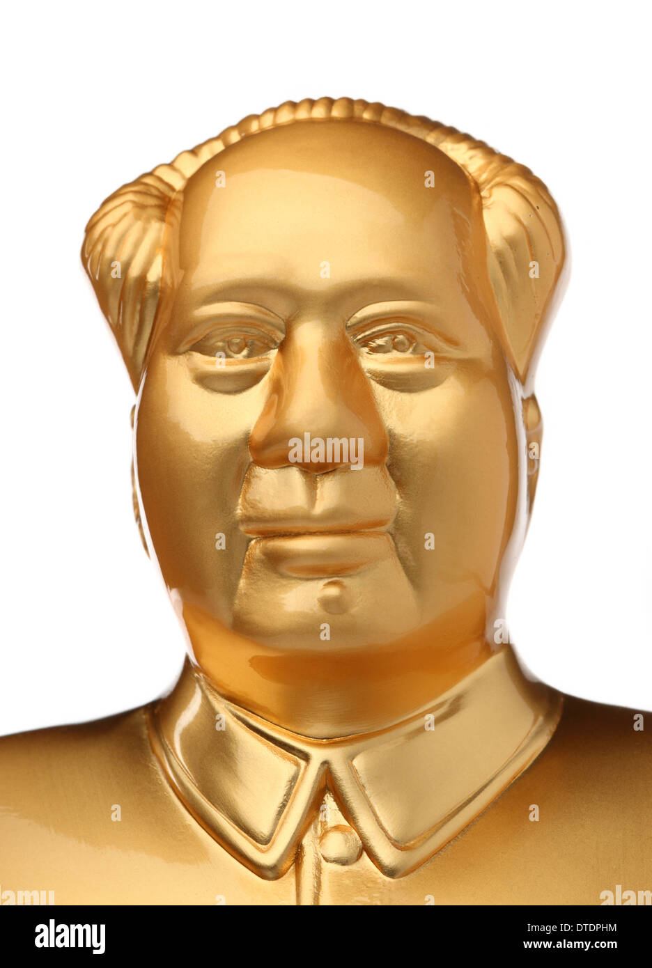 Statua dorata del Presidente mao zedong su sfondo bianco Foto Stock