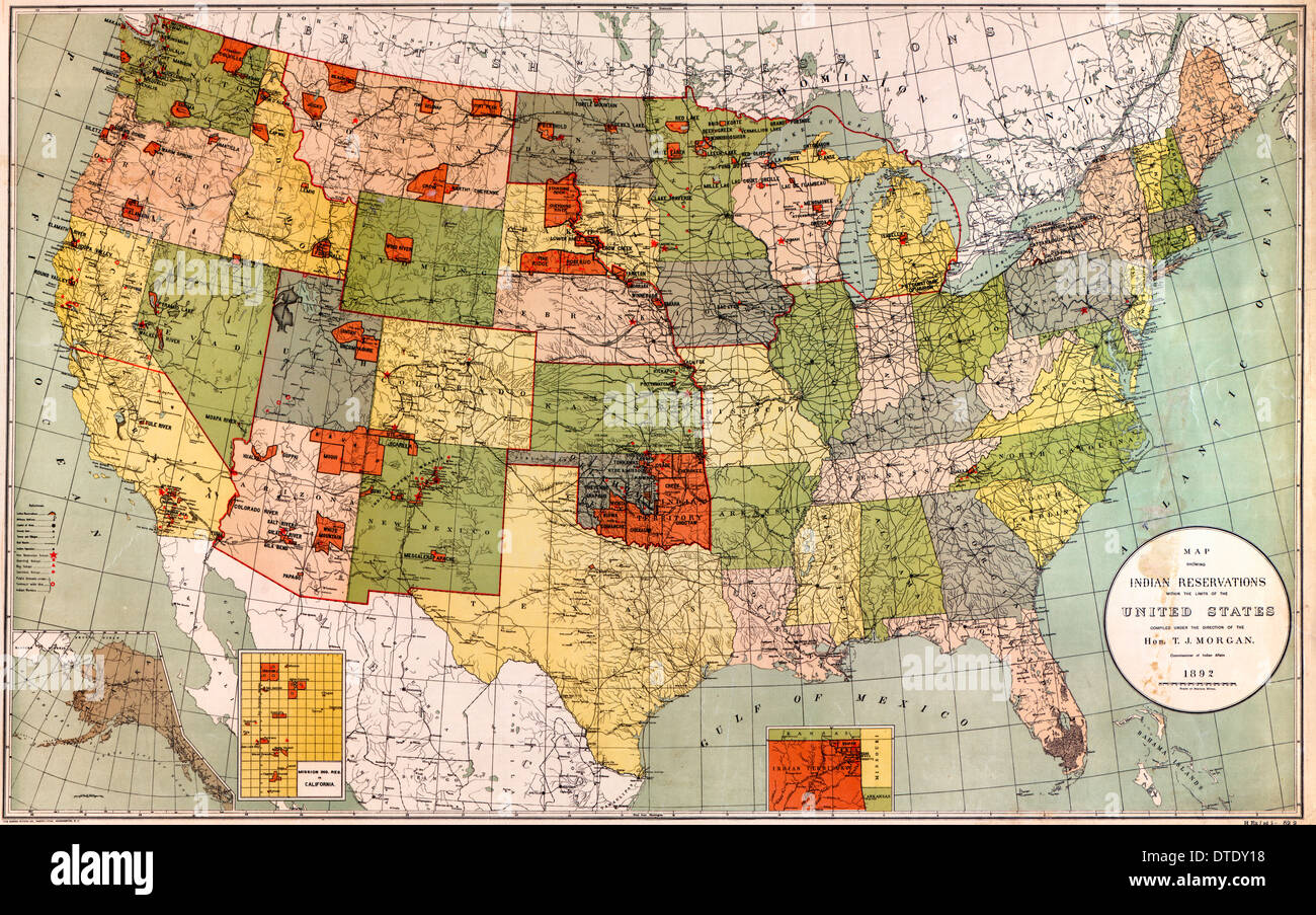 Mappa che mostra riserve indiane entro i limiti degli Stati Uniti 1892 Foto Stock