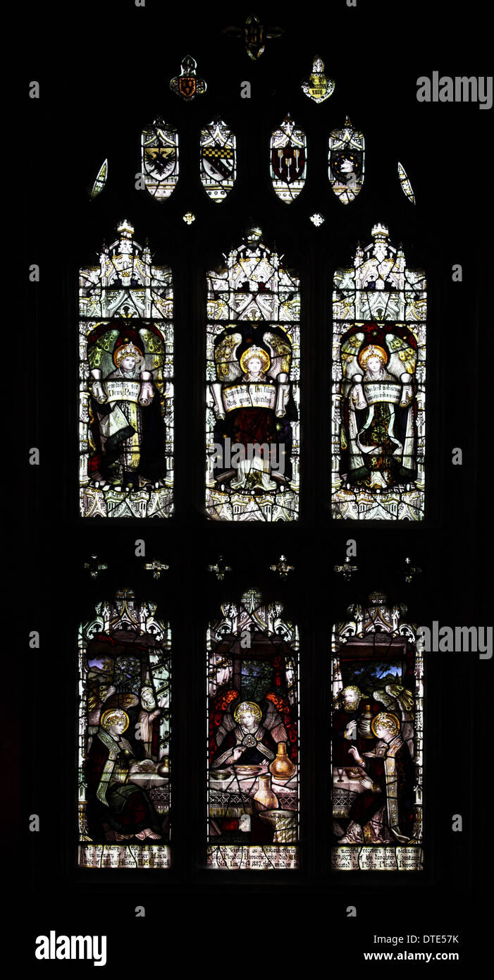 Vetrate colorate dai Kempe Studios (1888); Abraham intrattenere gli Angeli, St Mary the Virgin, Cannington, Somerset Inghilterra Foto Stock Vetrate colorate dai Kempe Studios (1888); Abraham intrattenere gli Angeli, St Mary the Virgin, Cannington, Somerset Inghilterra Foto Stock