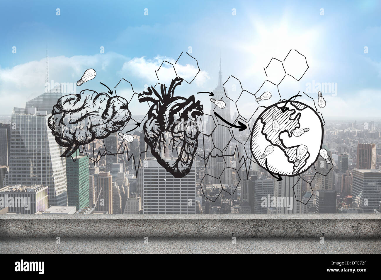 Immagine composita di terra nei polmoni e cuore doodle Foto Stock