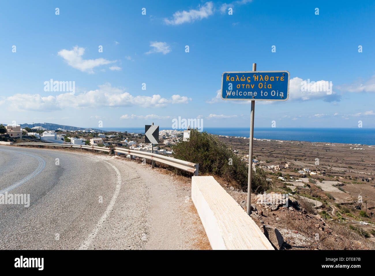 Segno di benvenuto a Oia Santorini Grecia Foto Stock