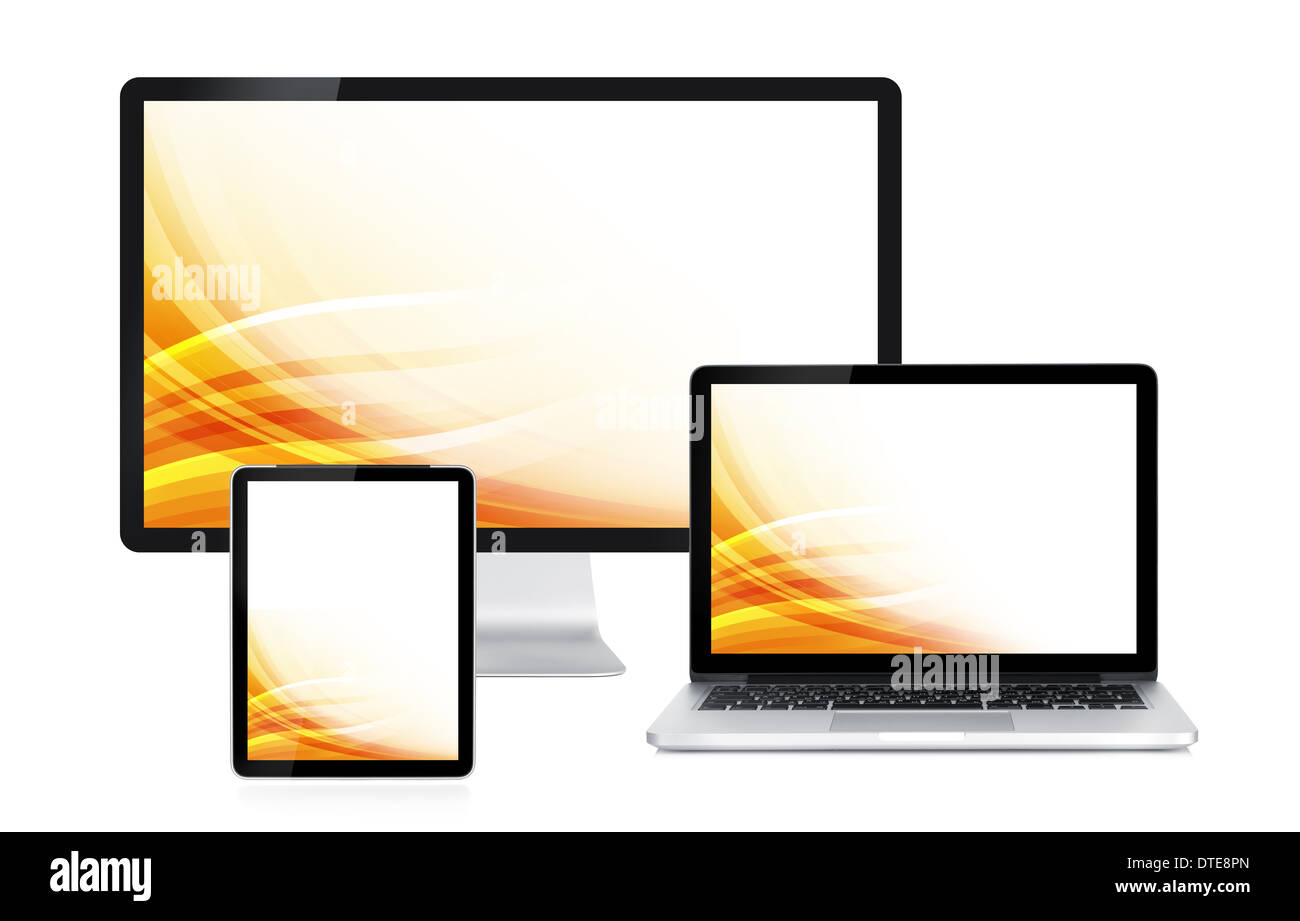 Lo schermo di un computer portatile e tablet con sfondo colorato. Vista  frontale. Isolato su sfondo bianco Foto stock - Alamy