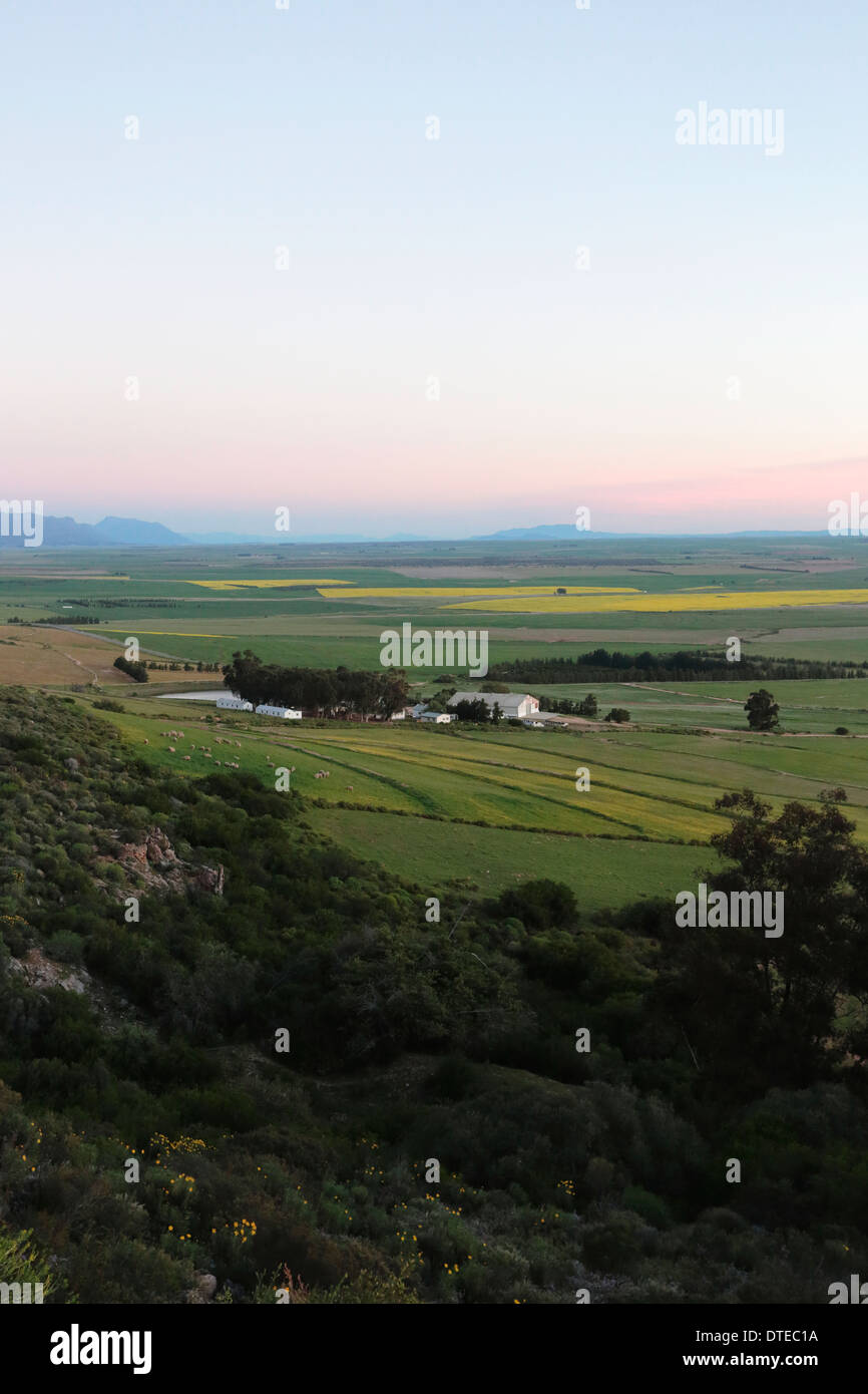 Pendii montani e terreni agricoli visto dal Piekenierskloof passano al tramonto Foto Stock