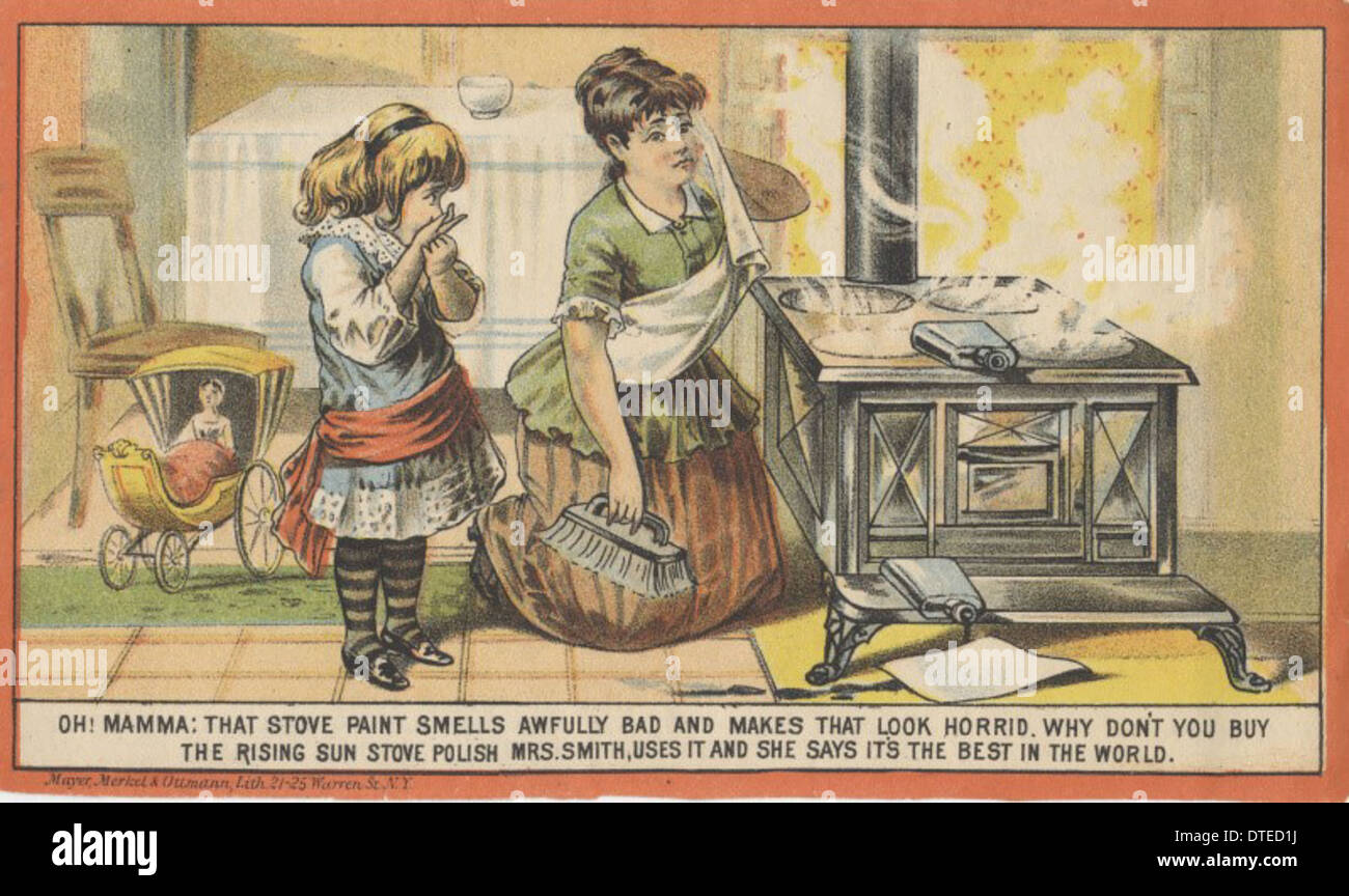 Una pubblicità di epoca vittoriana di Morse Bros., con cartoni animati che offrono commenti sulla vita domestica. I cartoni animati raffigurano bambini, adulti, casalinghe e lavori domestici, evidenziando il ruolo della famiglia e della gestione domestica. L'annuncio fa parte della collezione Miami University Libraries. Foto Stock