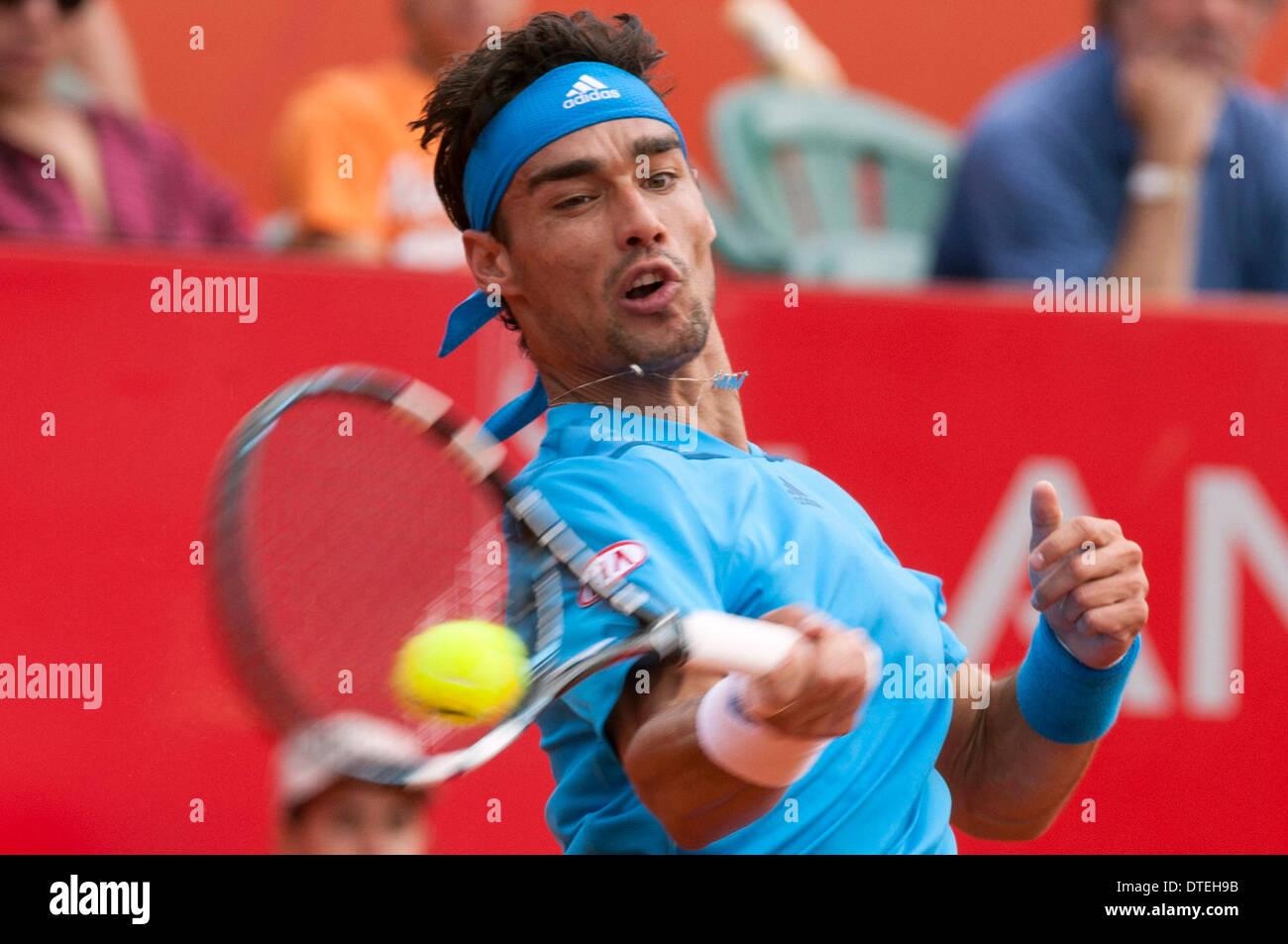 Buenos Aires, Argentina. 16 feb 2014. Fabio Fognini dell Italia colpisce un ritorno a David Ferrer della Spagna durante il loro 2014 ATP Buenos Aires finale di partita di tennis a Buenos Aires, Argentina, nel febbraio 16, 2014. Credito: Martin Zabala/Xinhua/Alamy Live News Foto Stock