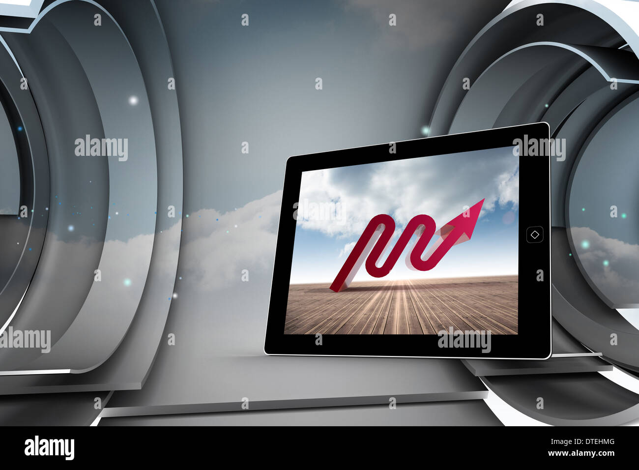 Immagine composita della freccia rossa sulla schermata di tablet Foto Stock