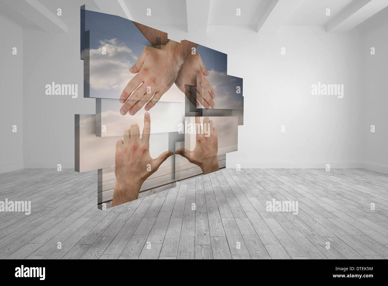 Immagine composita delle mani facendo una casa sulla schermata astratto Foto Stock